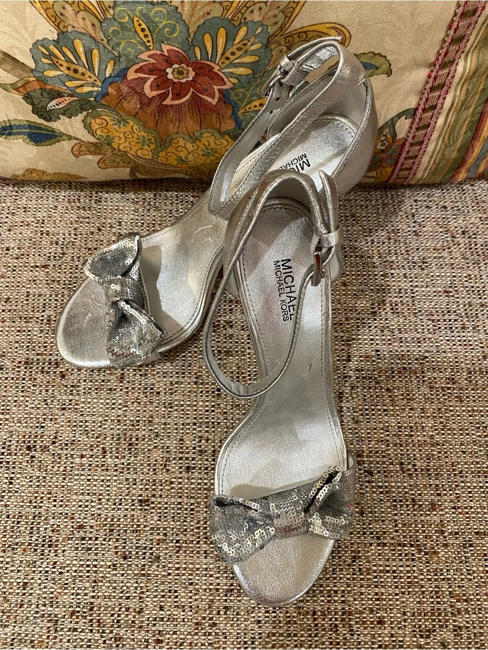 Michael Kors Silver Sequin Bow Ankle Strap Heels
